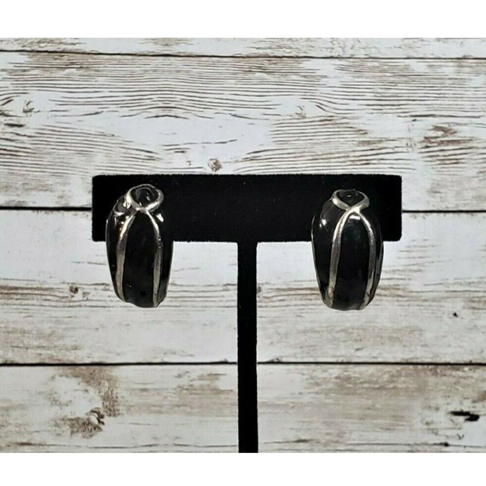Vintage Clip On Earrings - Black & Silver Tone Chunky Half Hoops